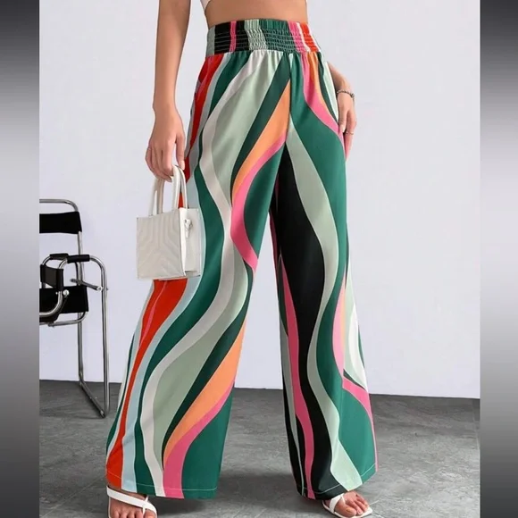Boho Abstract Print High Waist Wide Leg palazzo Pants - Picture 4 of 6